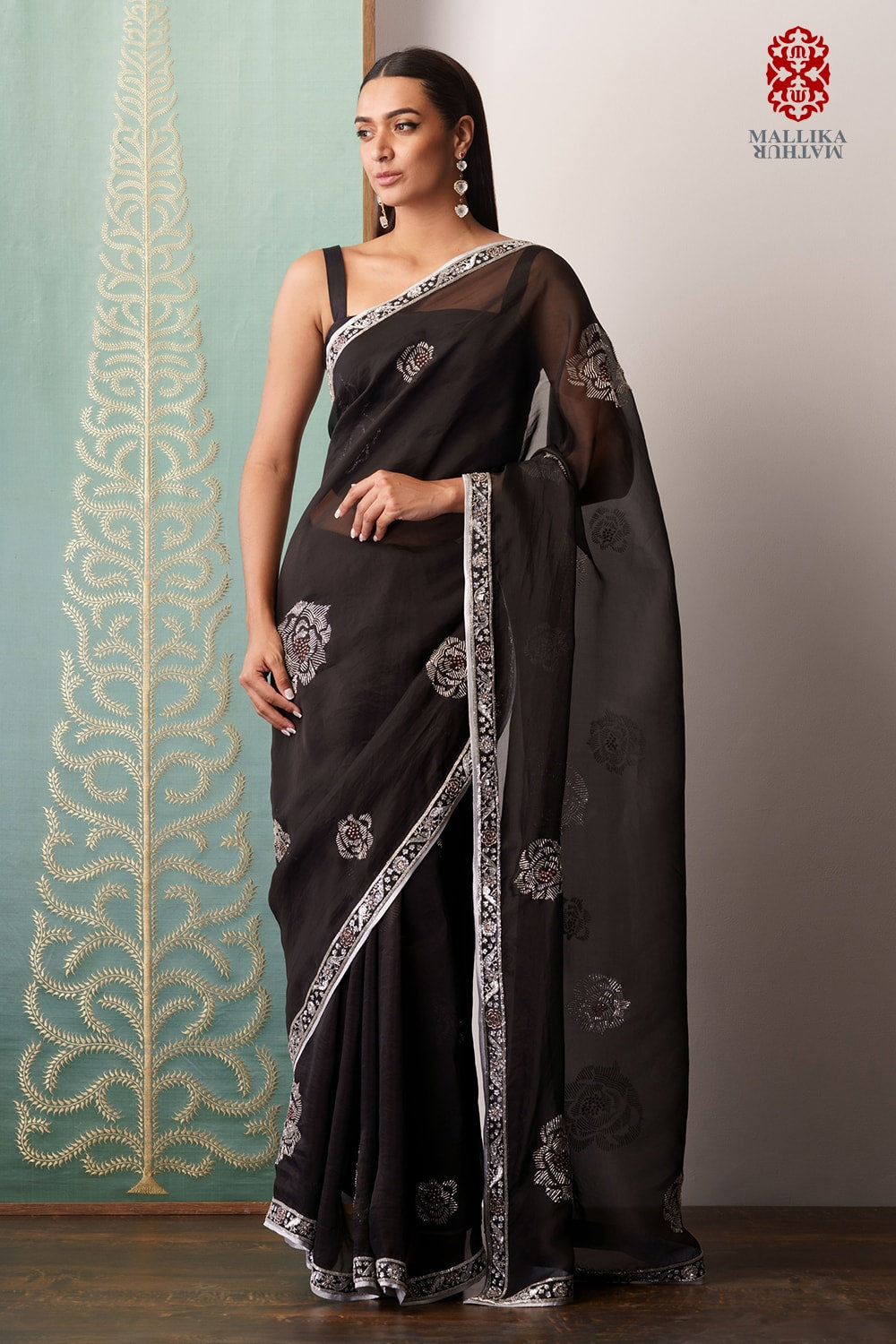 ‘Chand Gulaab’ black kora sari hand embroidered
