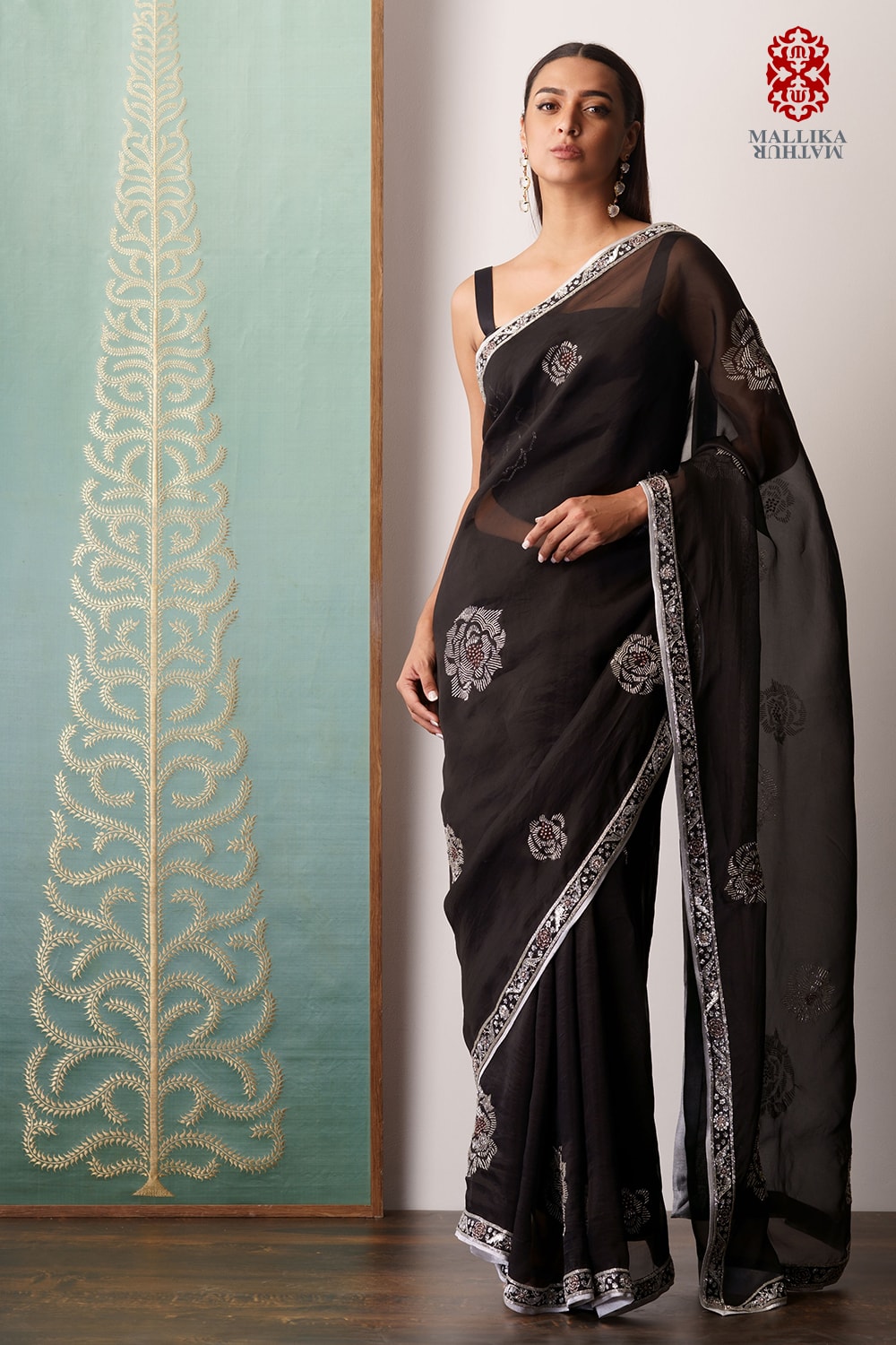 ‘Chand Gulaab’ black kora sari hand embroidered - image 2