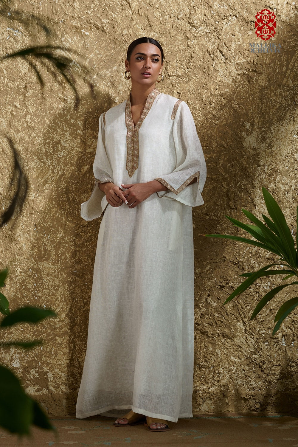 'Aria' caftan dress cotton linen hand embroidered