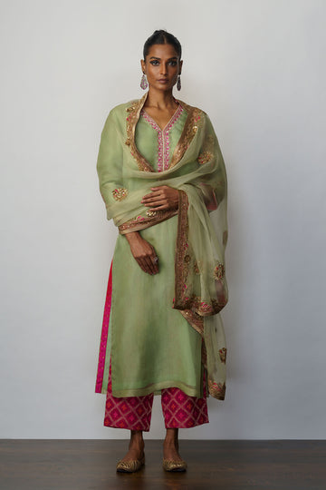 Kurta kora leaf green hand embroidered