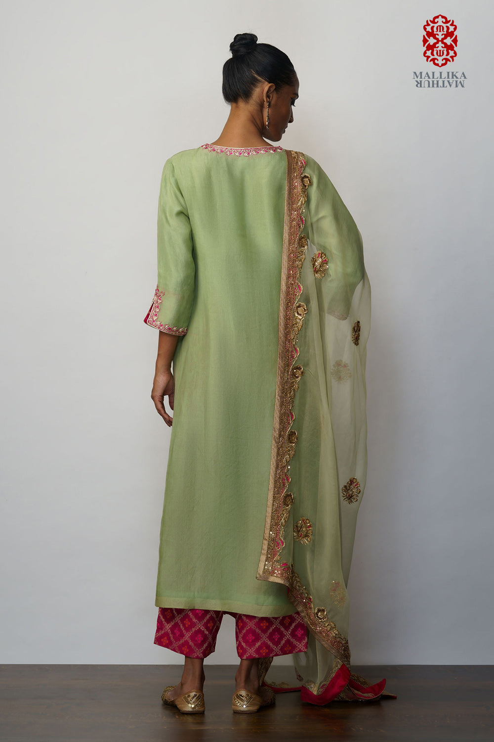 Kurta kora leaf green hand embroidered - image 2