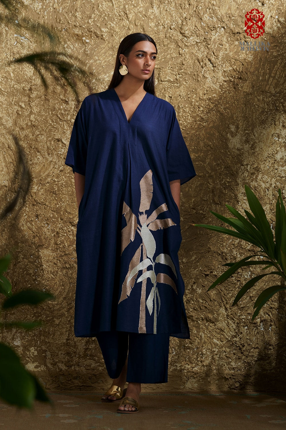 Caftan dress muslin midnight blue and zari Plantain leaf appliqué - image 4