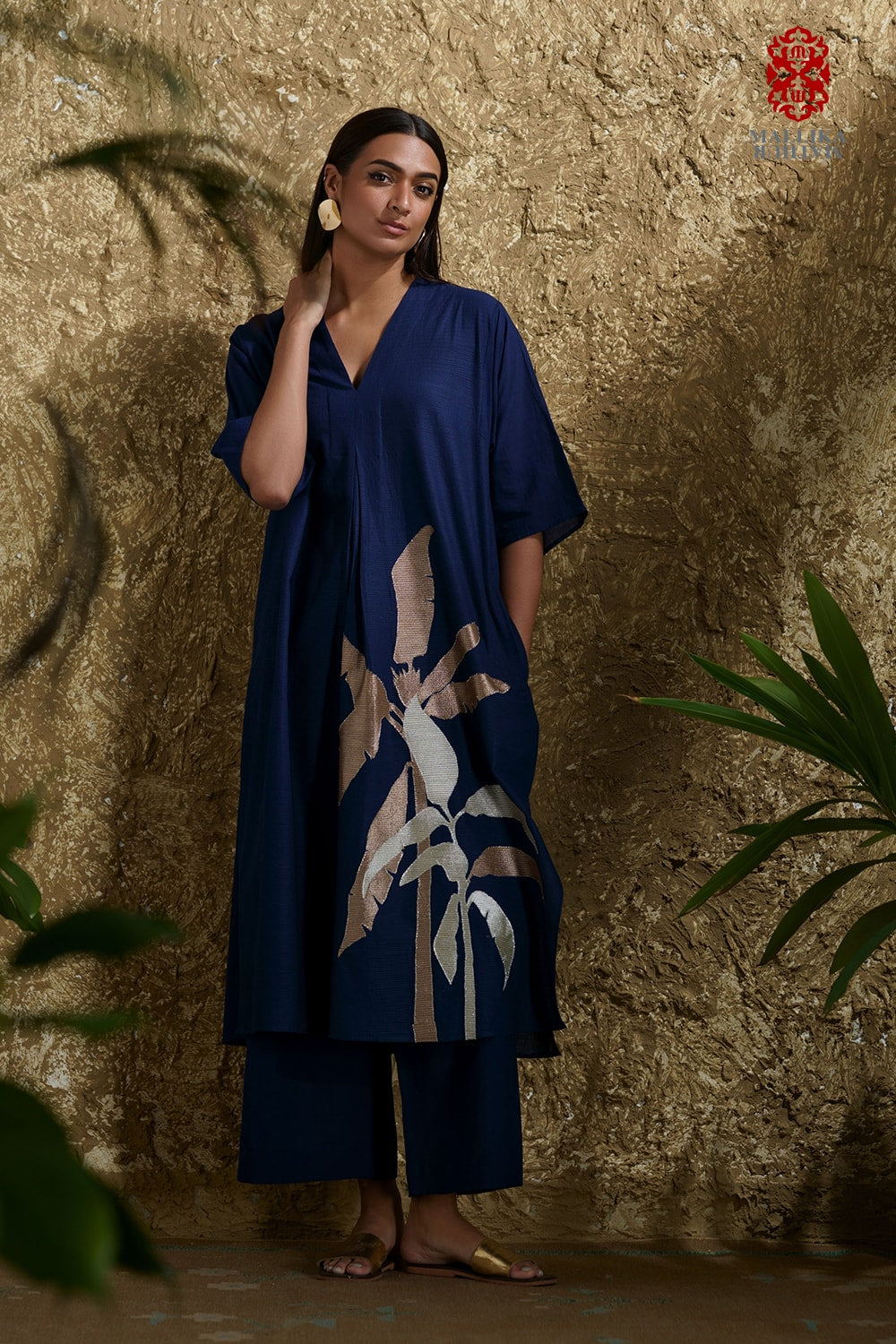 Caftan dress muslin midnight blue and zari Plantain leaf appliqué - image 3