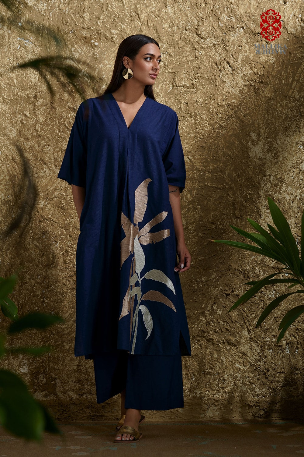 Caftan dress muslin midnight blue and zari Plantain leaf appliqué