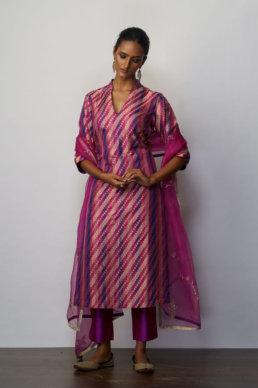 Kurta silk magenta & wine 'Chaurangi'