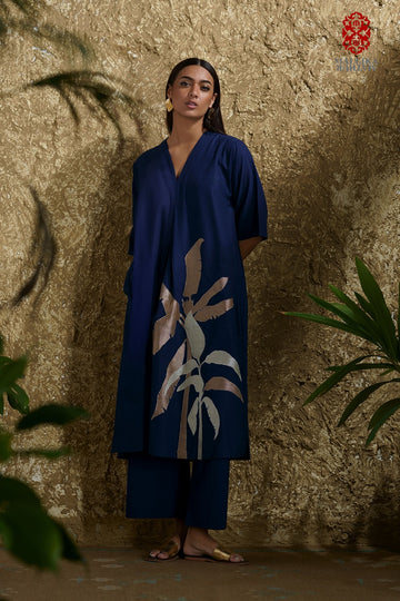 Caftan dress muslin midnight blue and zari Plantain leaf appliqué