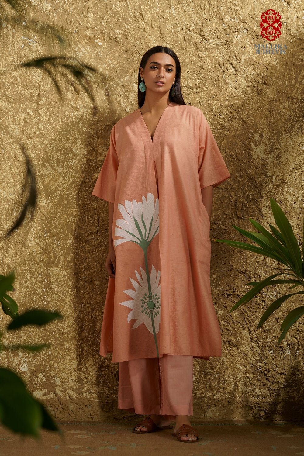 Caftan dress muslin coral blush Peony flower appliqué - image 3