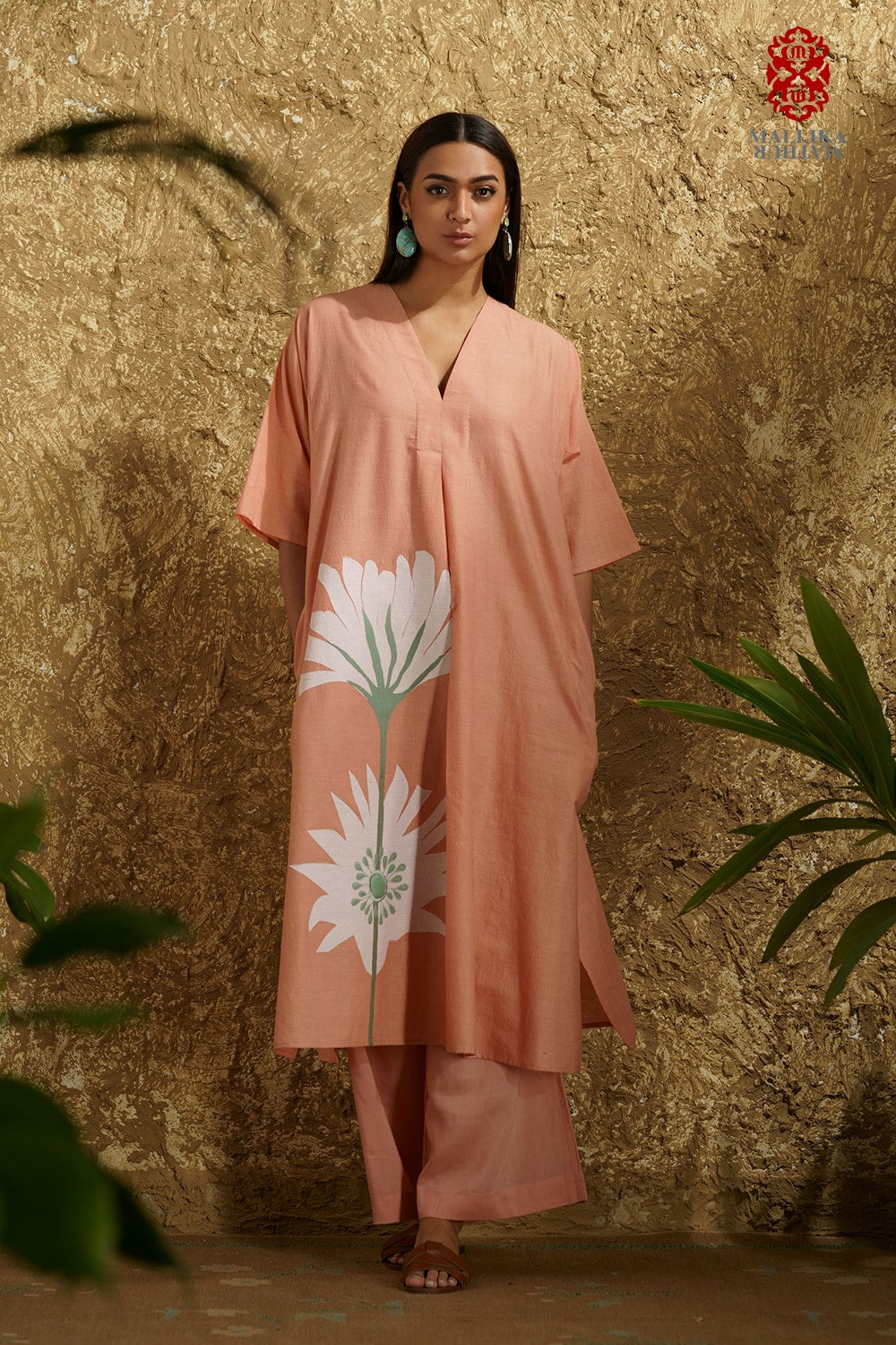 Caftan dress muslin coral blush Peony flower appliqué