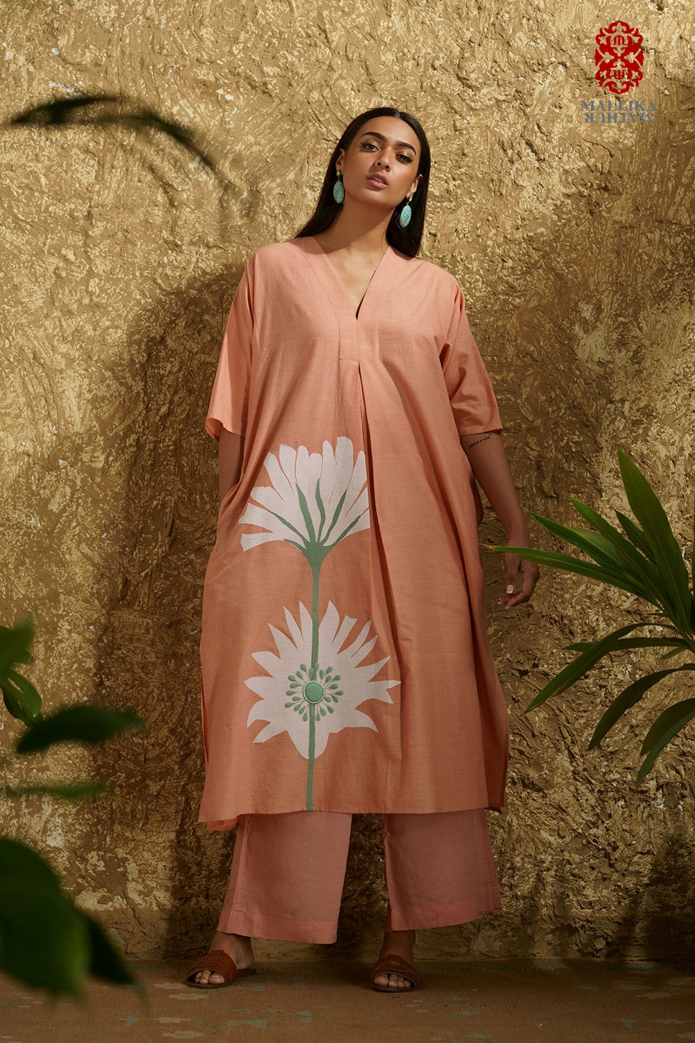 Caftan dress muslin coral blush Peony flower appliqué