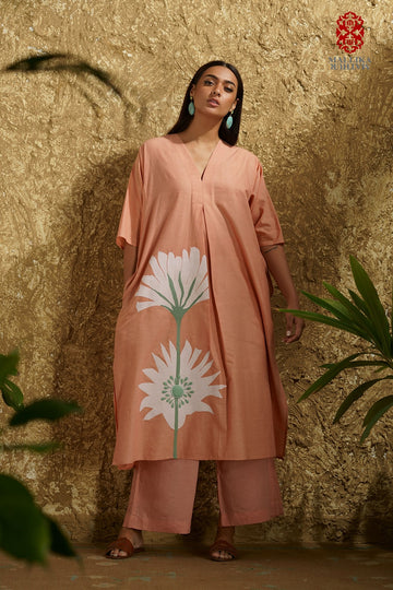 Caftan dress muslin coral blush Peony flower appliqué