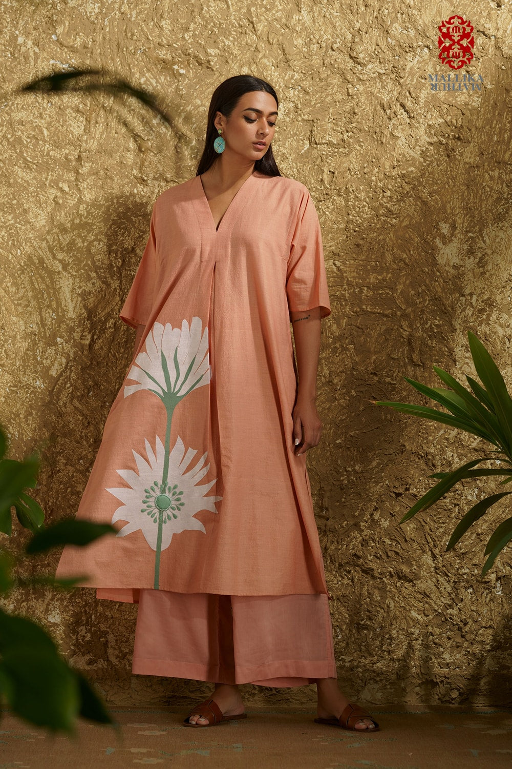 Caftan dress muslin coral blush Peony flower appliqué - image 4