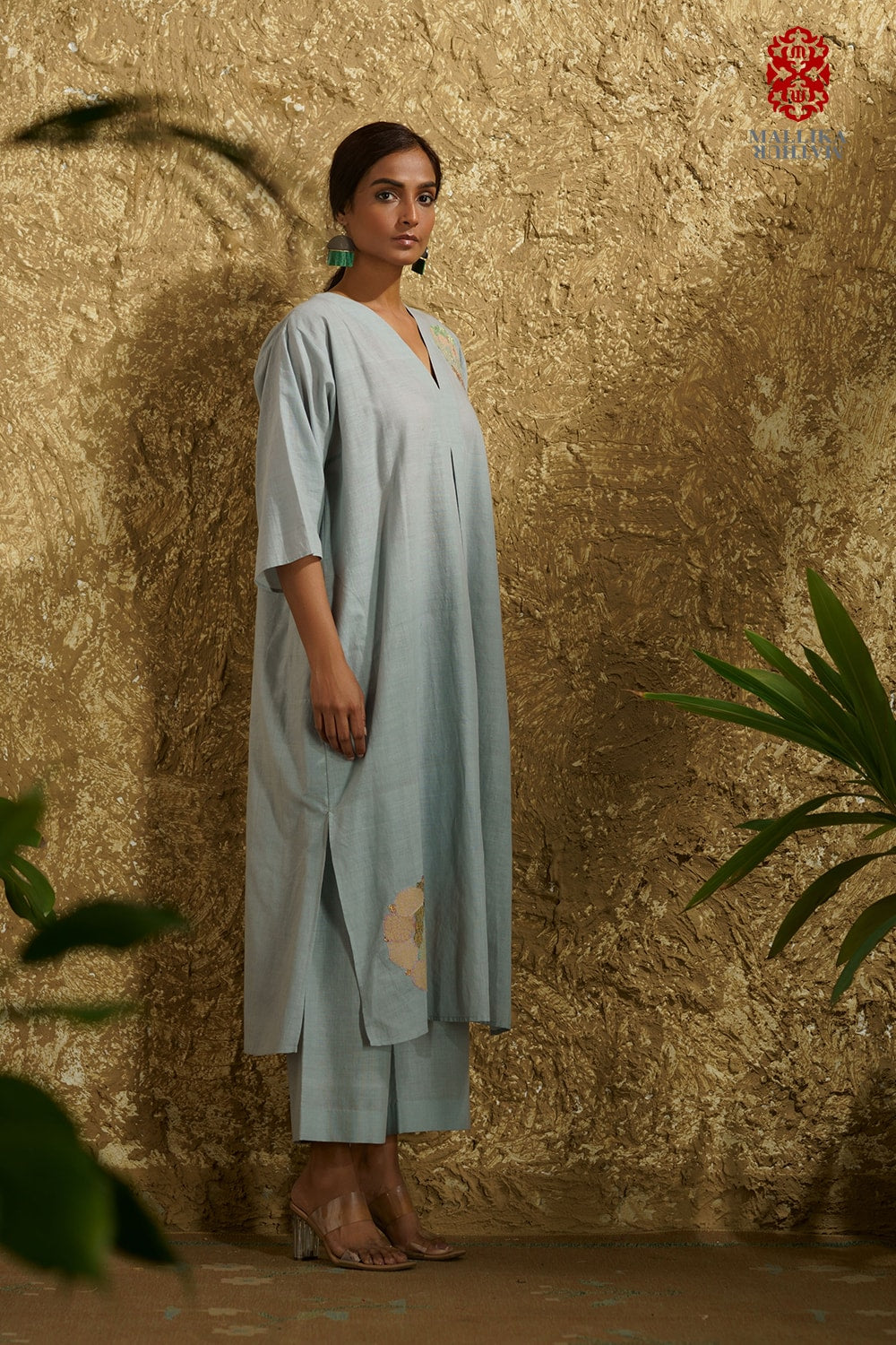 Caftan dress muslin ice blue Chakri design appliqué - image 2