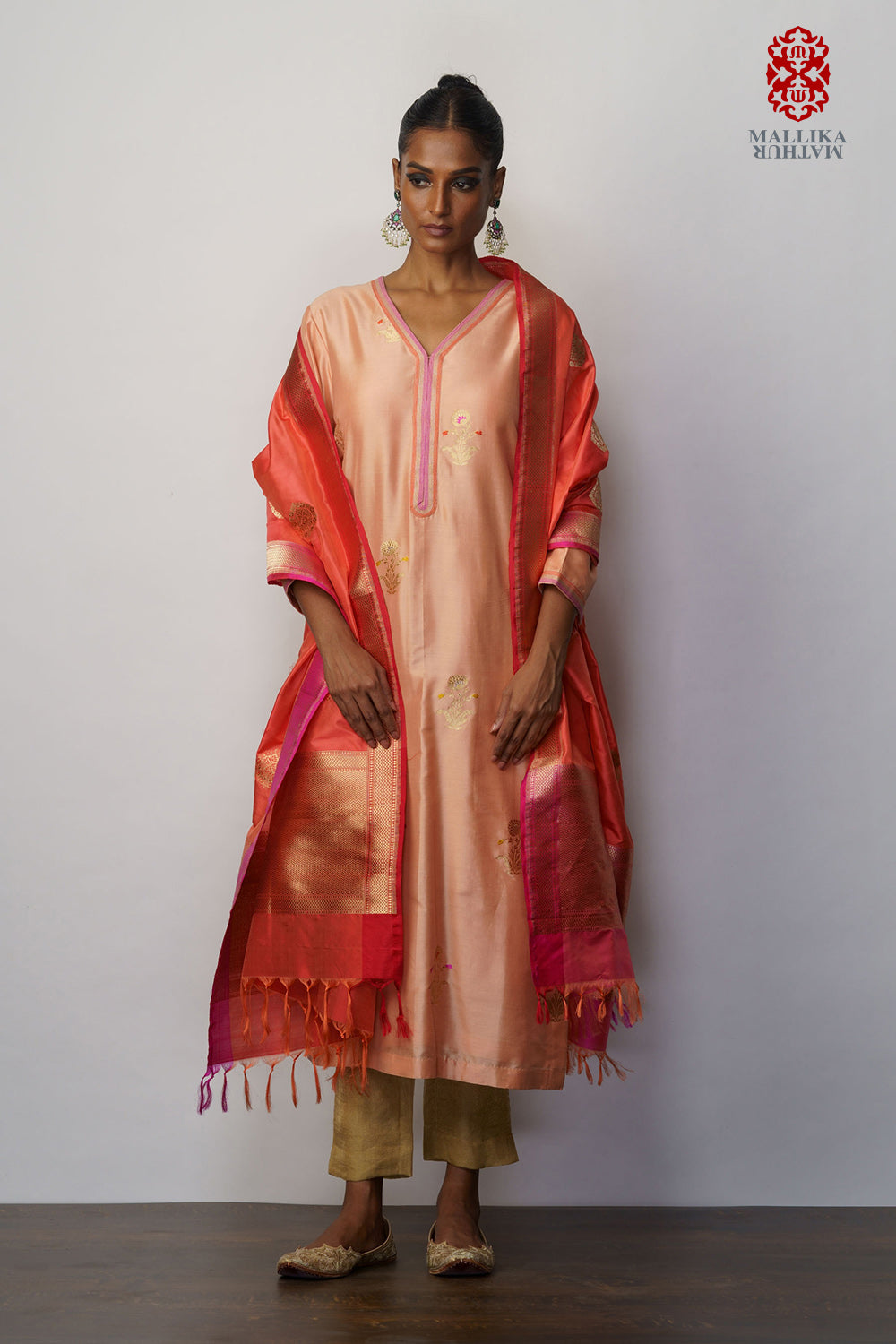 Kurta silk meenakari buti peach