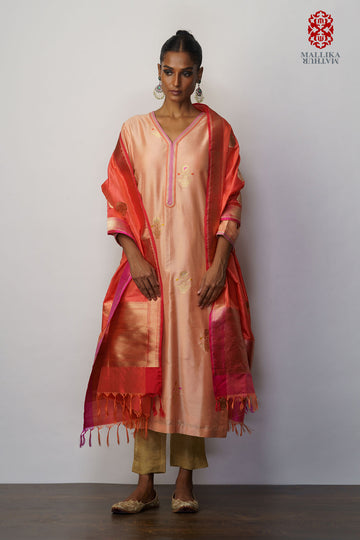 Kurta silk meenakari buti peach