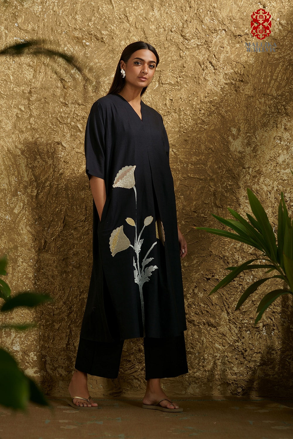 Caftan dress muslin black and silver poppy flower appliqué - image 3