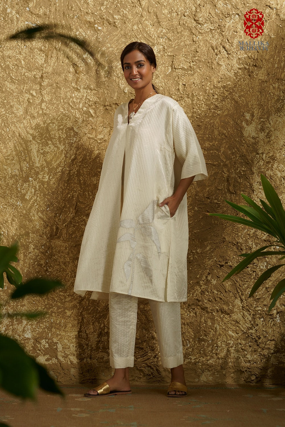Zuria' Ivory caftan dress kora zari stripes