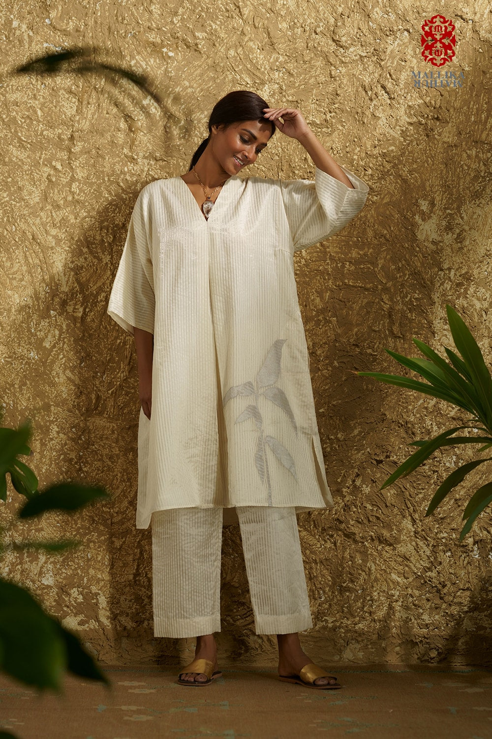 Zuria' Ivory caftan dress kora zari stripes - image 4