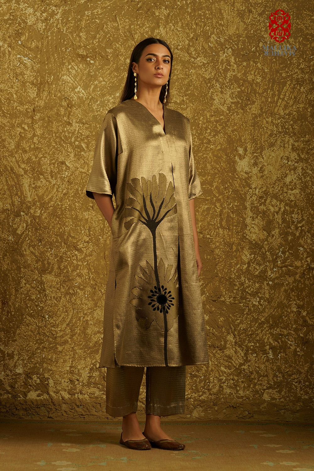 Peony Bloom' applique caftan dress burnt gold - image 3