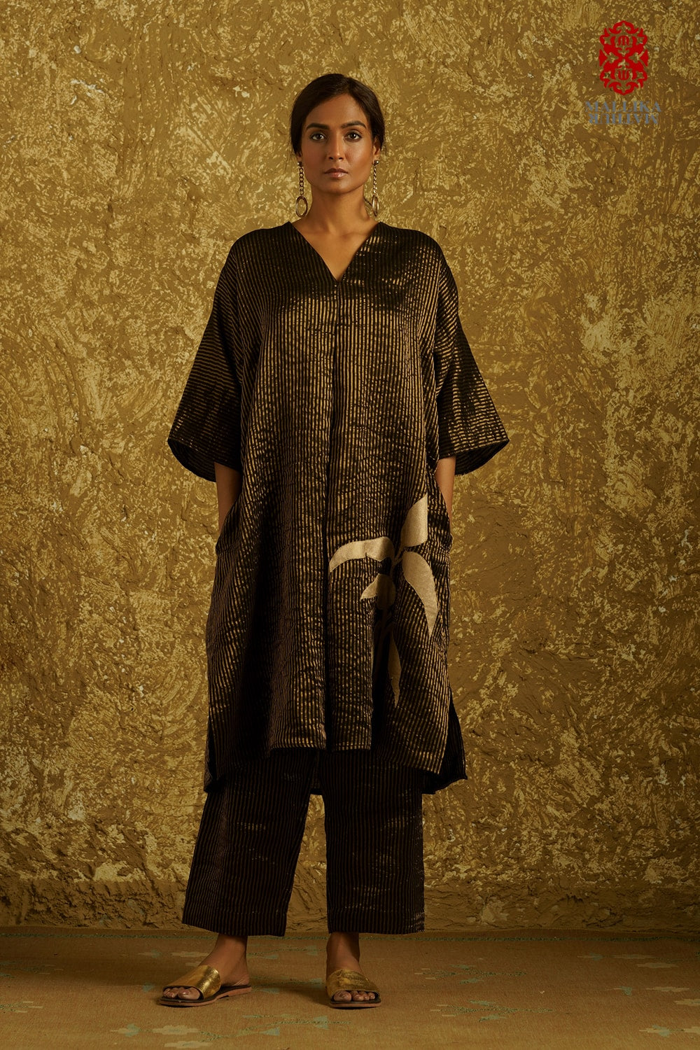 'Zuria' black caftan dress kora silver Zari stripes - image 3