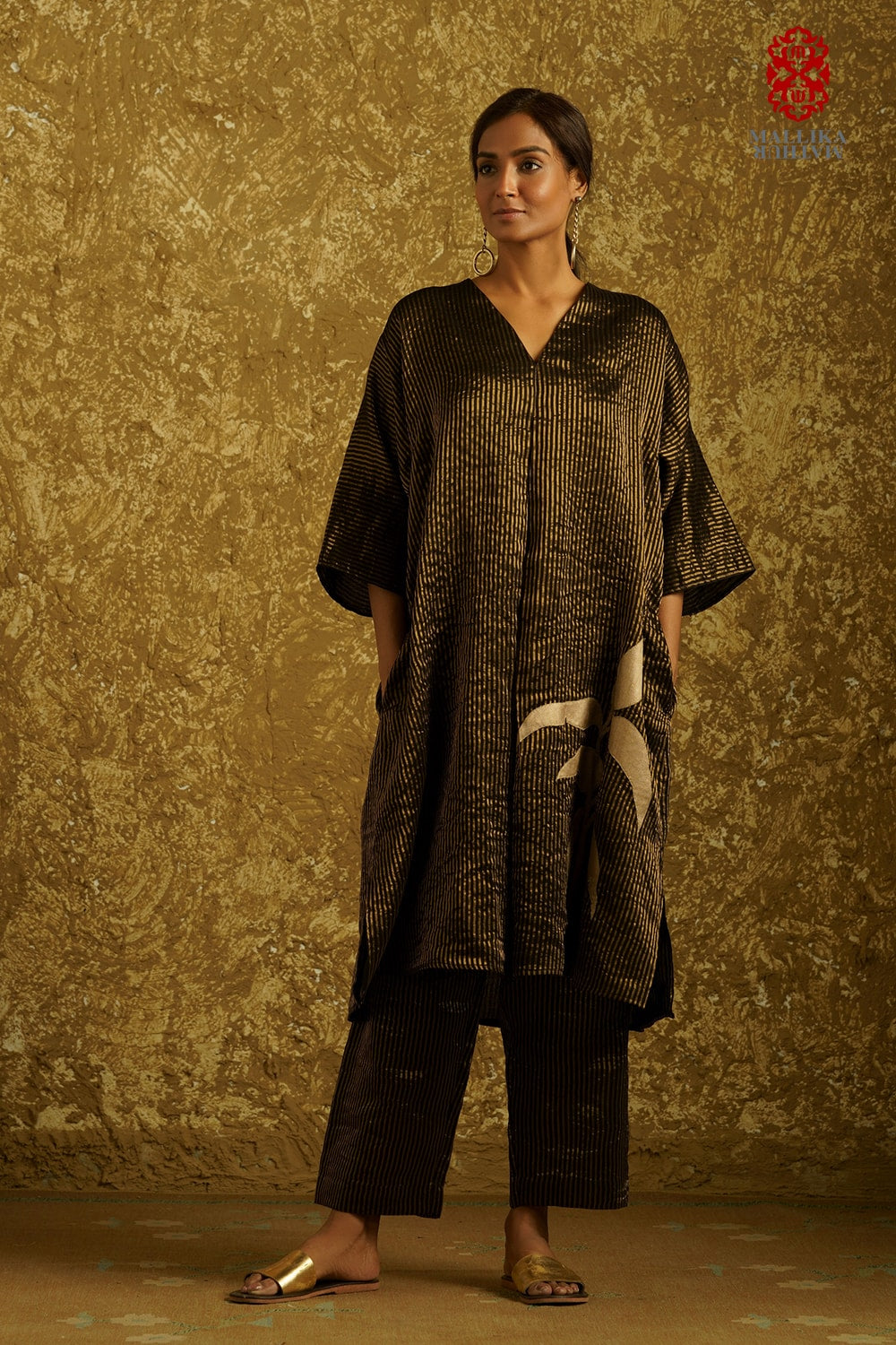 'Zuria' black caftan dress kora silver Zari stripes