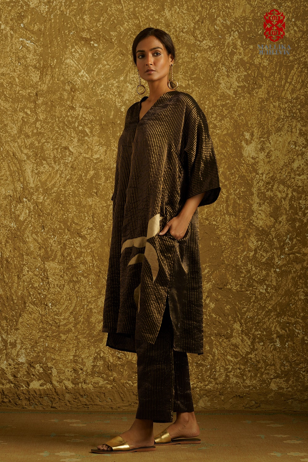 'Zuria' black caftan dress kora silver Zari stripes - image 4