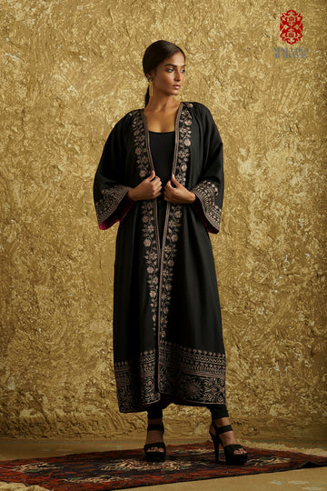 'Gul Mehar’ midnight black cotton silk overlay embroidered