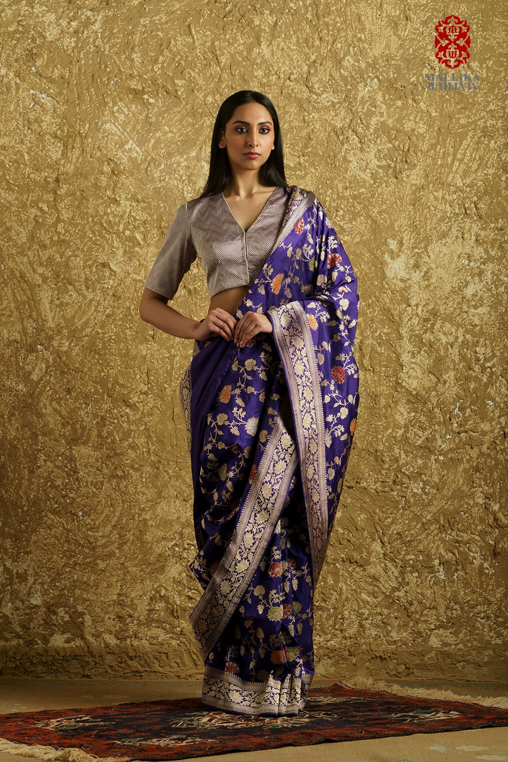 Phool -bahaar’ baingani or purple Benarasi silk sari