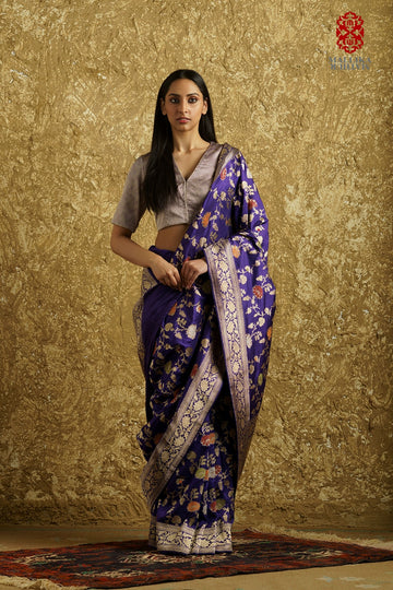 Phool -bahaar’ baingani or purple Benarasi silk sari