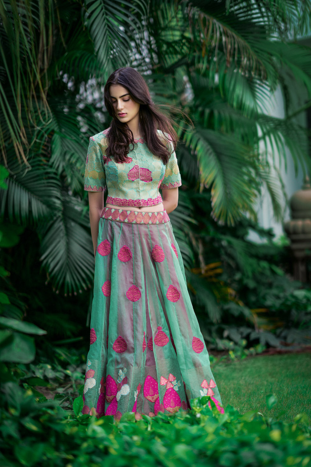 'Banaras Bloom' kora lehenga aquamarine and cerise pink