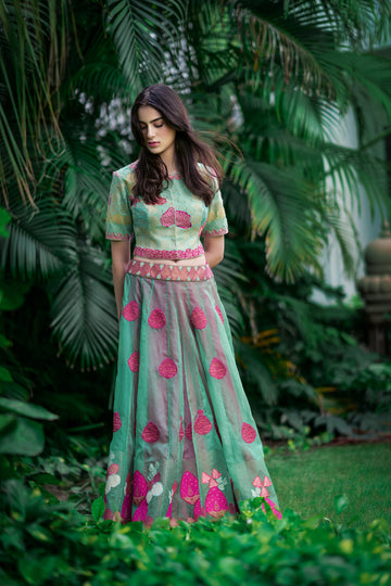 'Banaras Bloom' kora lehenga aquamarine and cerise pink