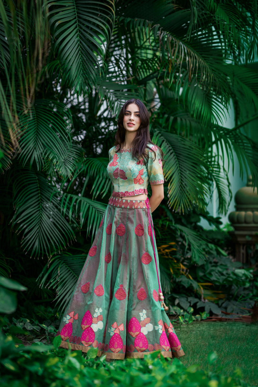 'Banaras Bloom' kora lehenga aquamarine and cerise pink - image 2