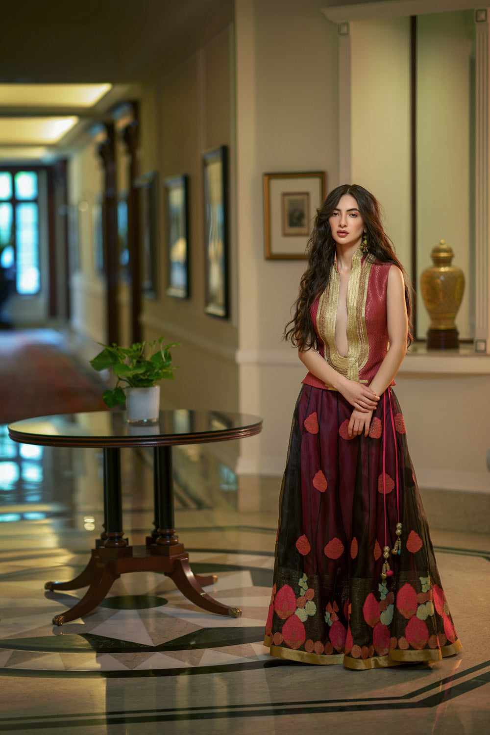 'Banaras Bloom' applique kora lehenga black and cerise pink
