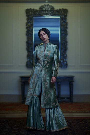 'Sweet Cicely' velvet gharara aquamarine