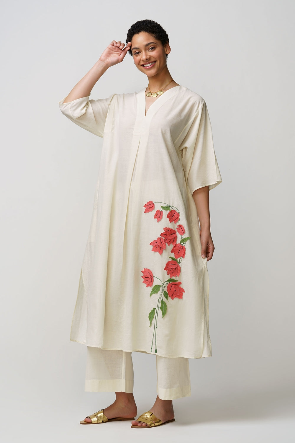 Caftan dress muslin bougainvillea applique