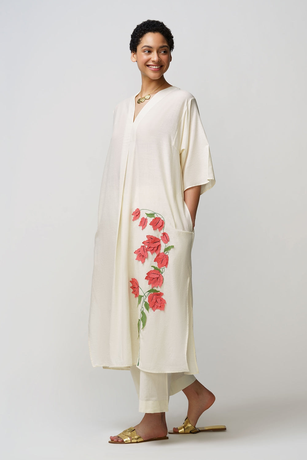 Caftan dress muslin bougainvillea applique - image 3