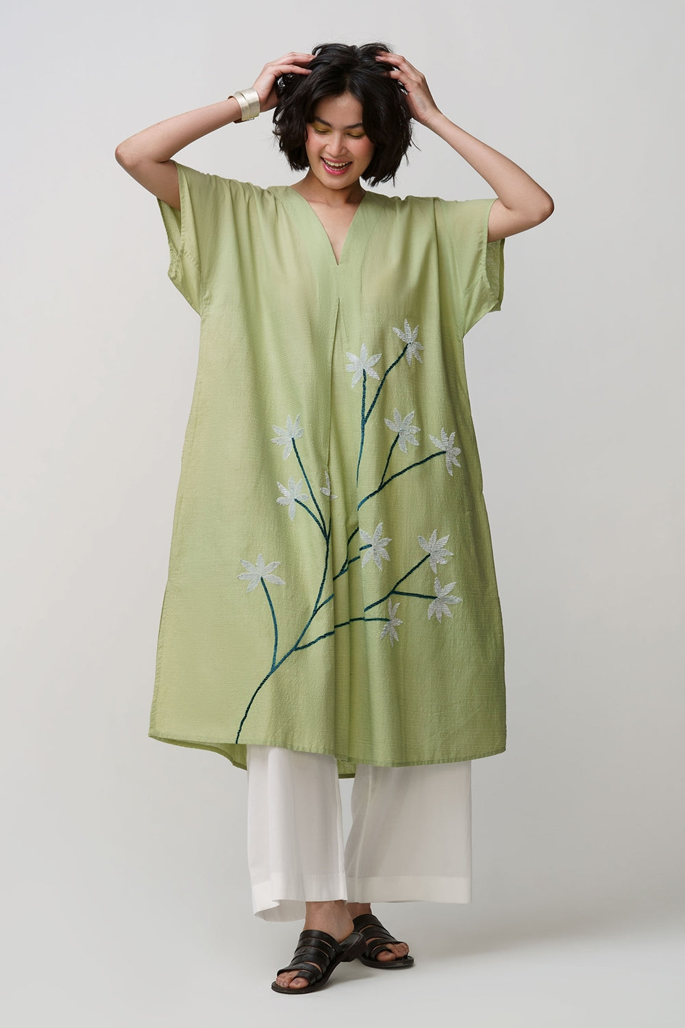 Caftan dress muslin sage green oriental flower applique - image 2
