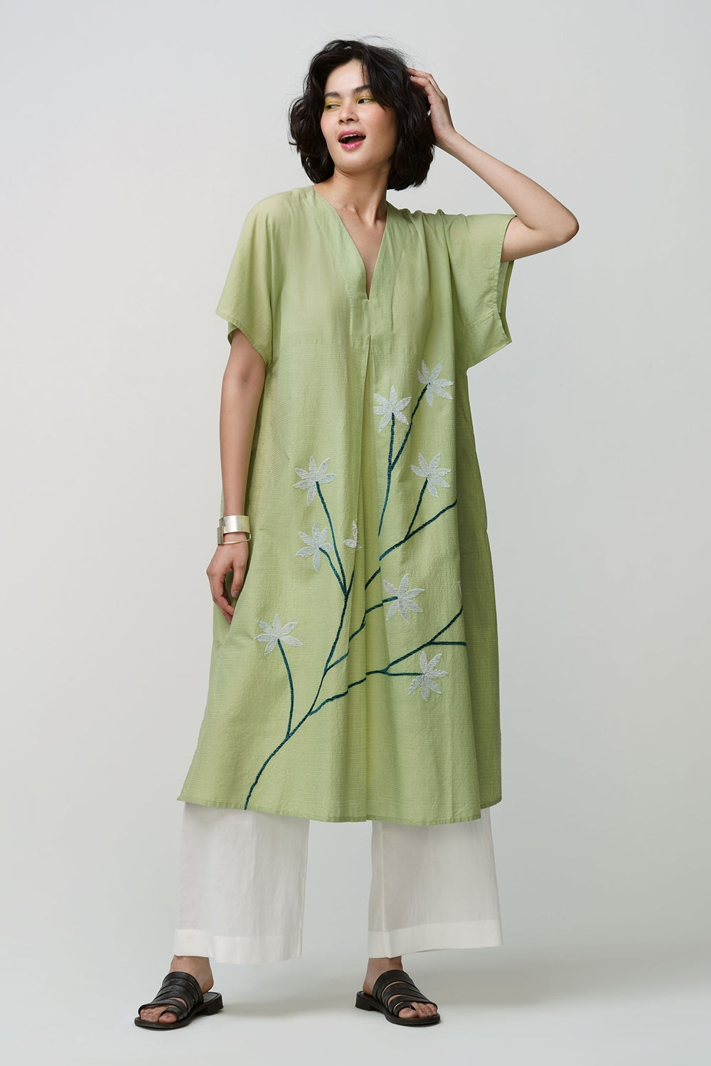 Caftan dress muslin sage green oriental flower applique