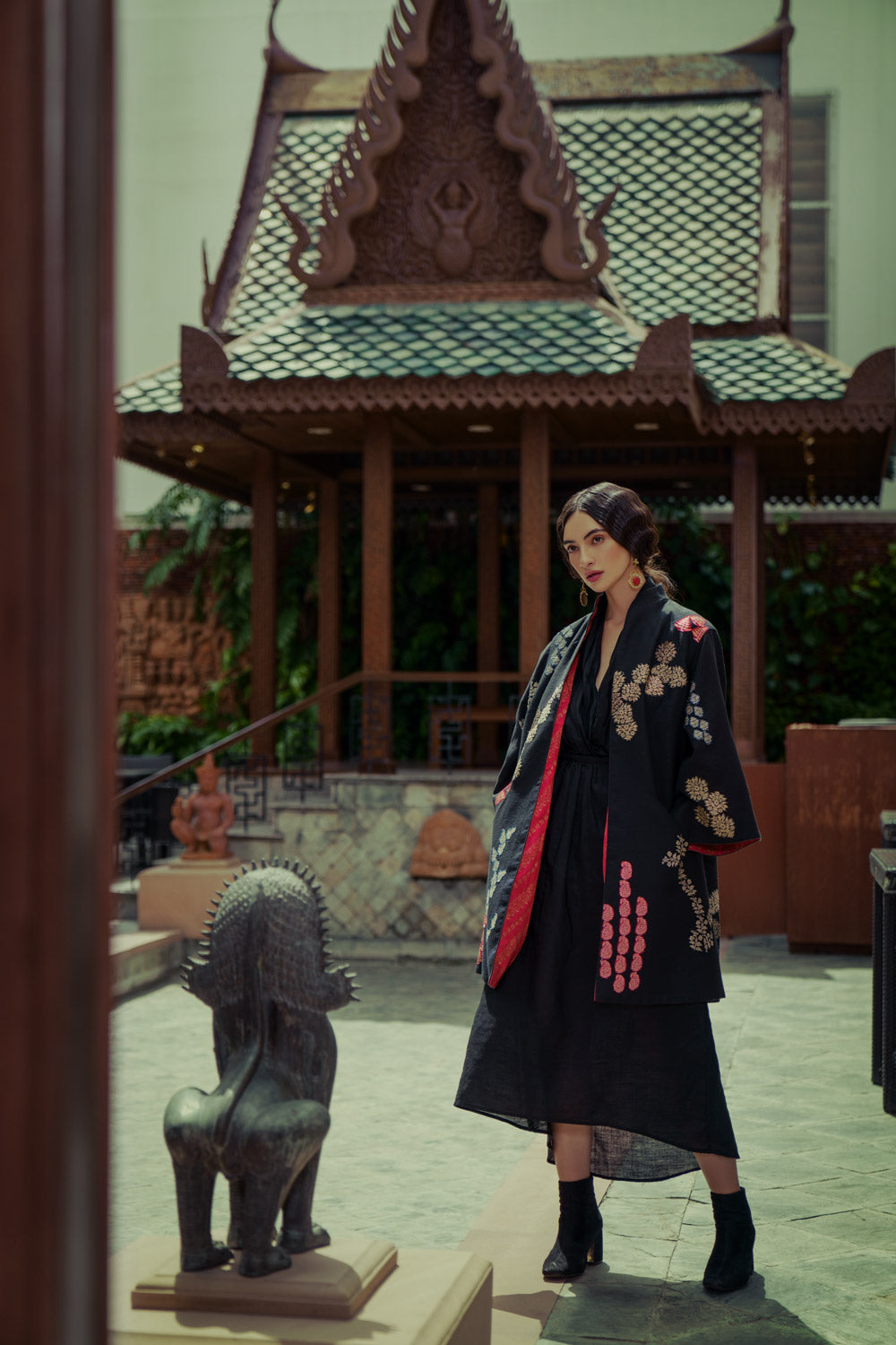 Banaras Bloom cape jacket applique