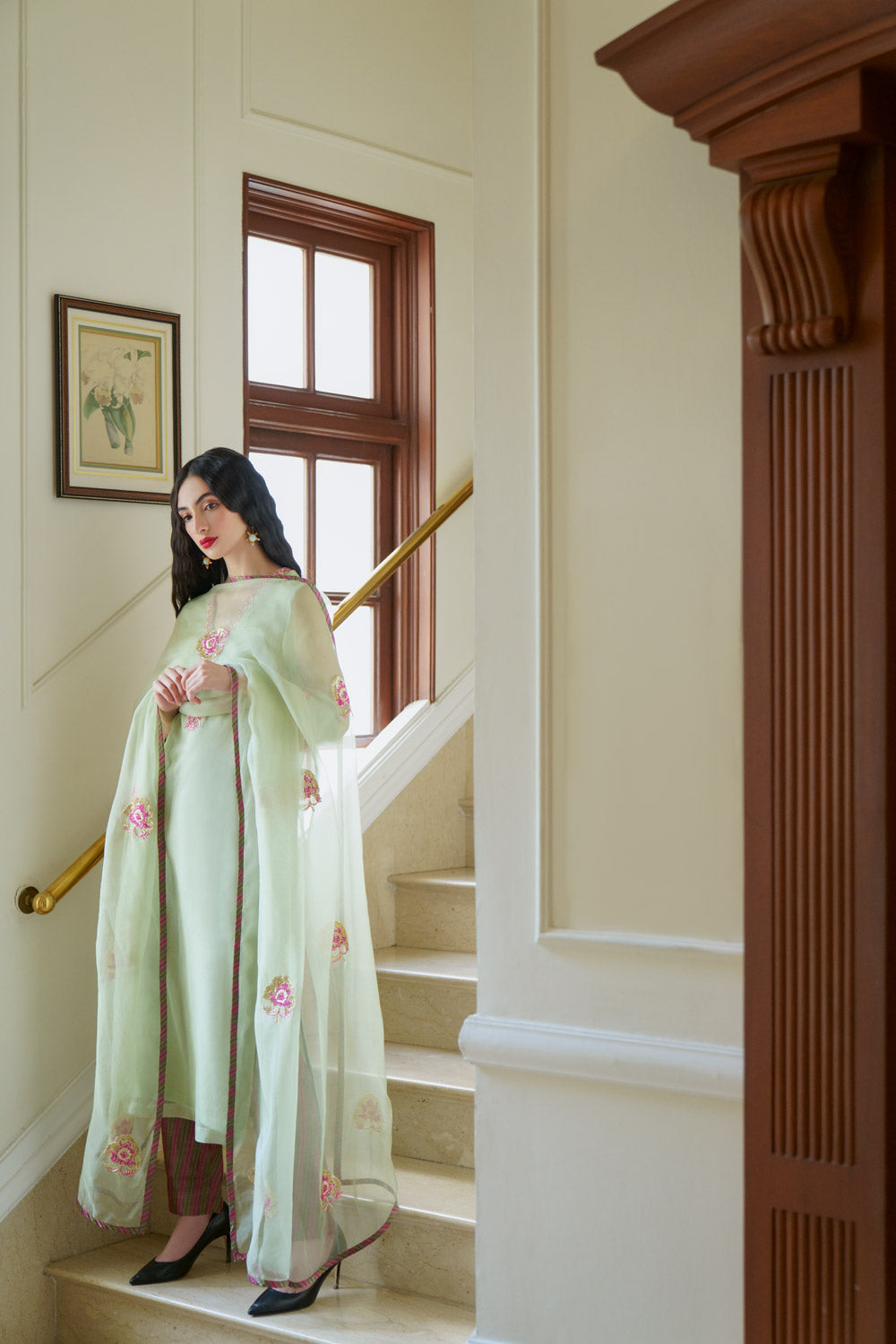 Orchid embroidered tunic set and tamami tissue striped pants