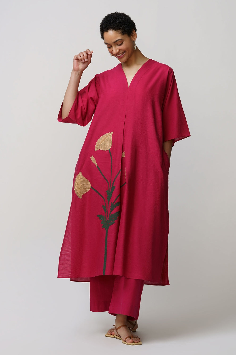 Caftan dress muslin poppy flower applique - image 2
