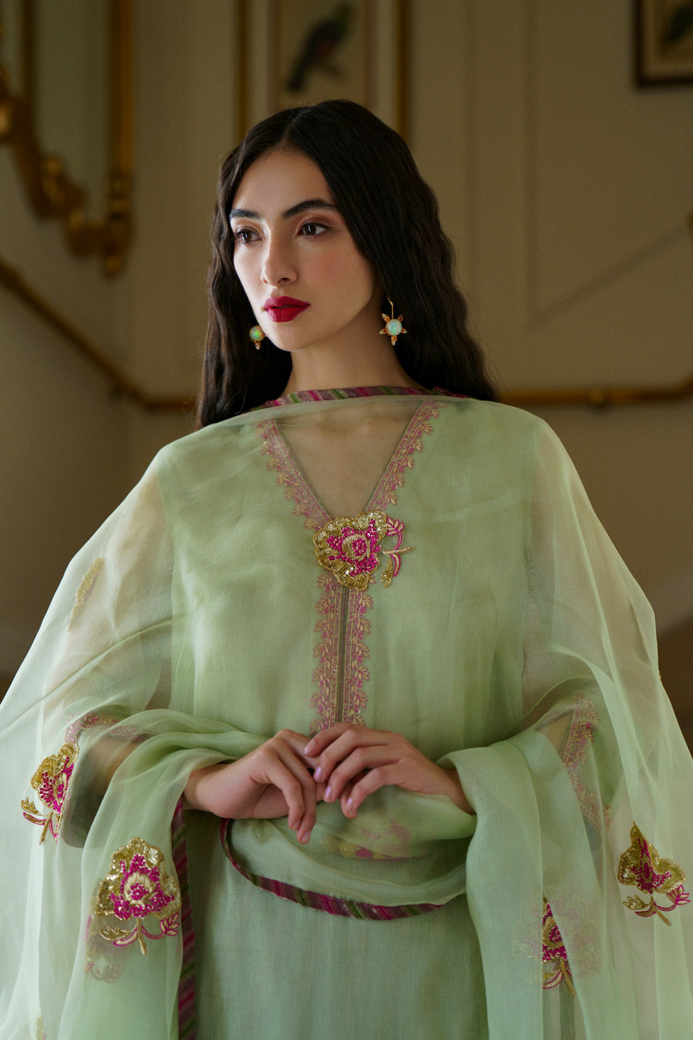 Orchid embroidered tunic set and tamami tissue striped pants