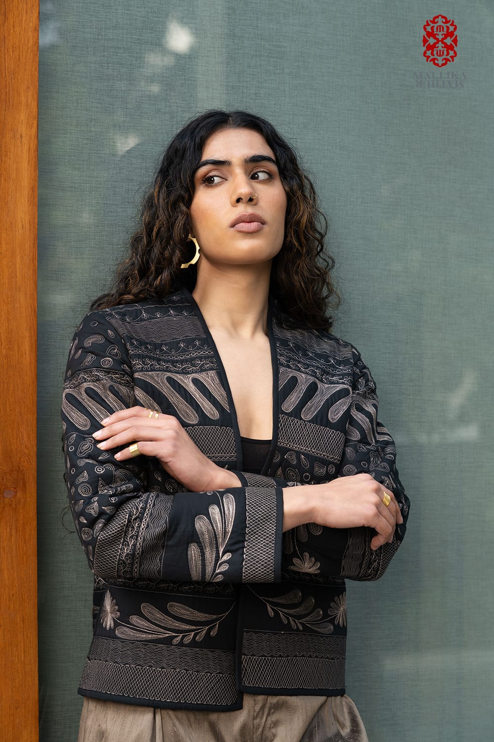 'Rika' black cotton silk jacket beige quilted detail - image 3