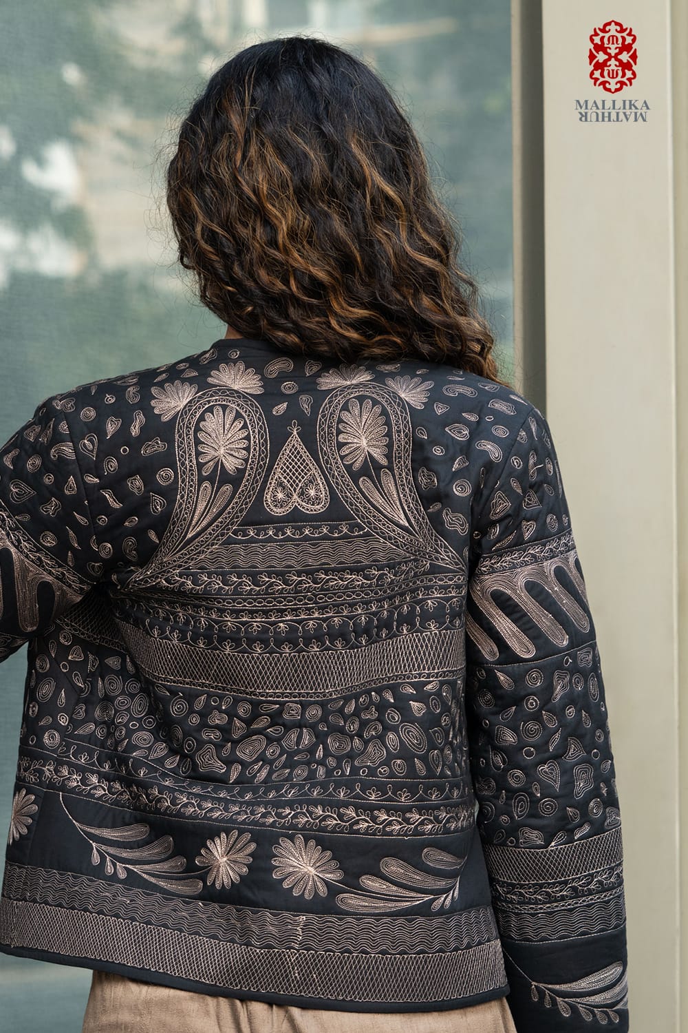 'Rika' black cotton silk jacket beige quilted detail - image 4