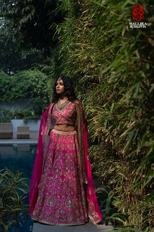 Varija' fushsia dupion silk embroidered kehenga set
