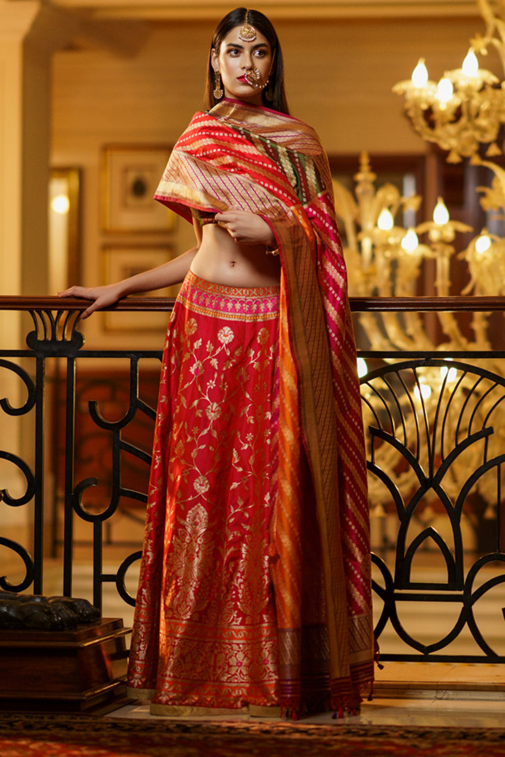 Banarasi silk brocade lehenga ruby red