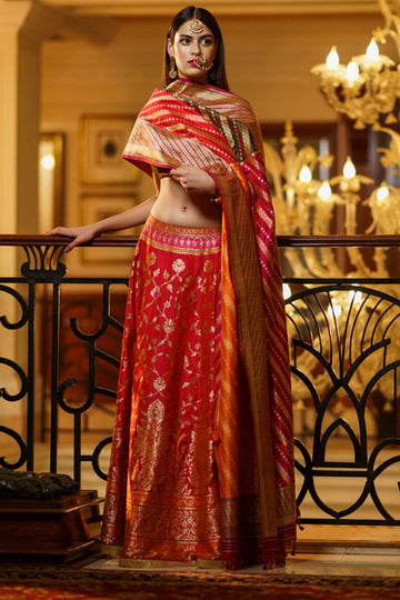 Banarasi silk brocade lehenga ruby red
