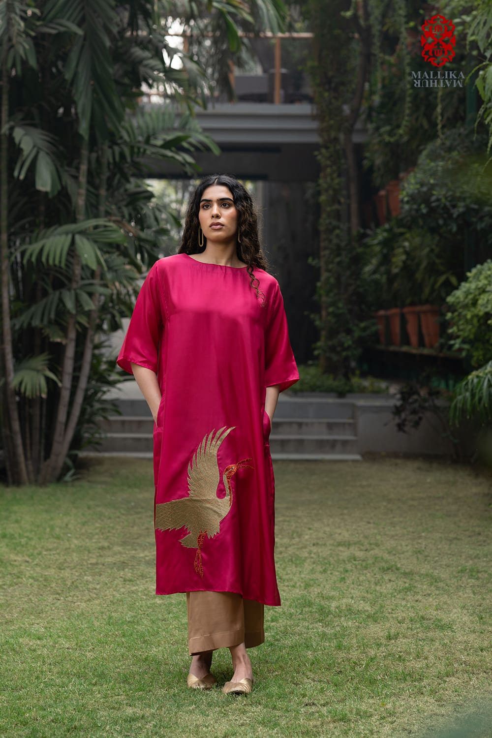 ‘SARAS’ crimson red habutai silk tunic appliqué