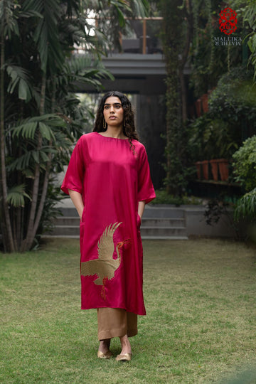 ‘SARAS’ crimson red habutai silk tunic appliqué