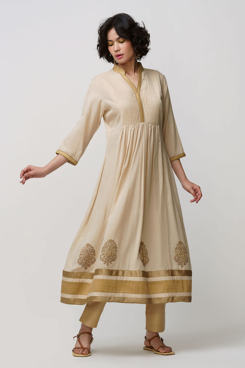 Yaman' tunic beige with gold banarasi butas