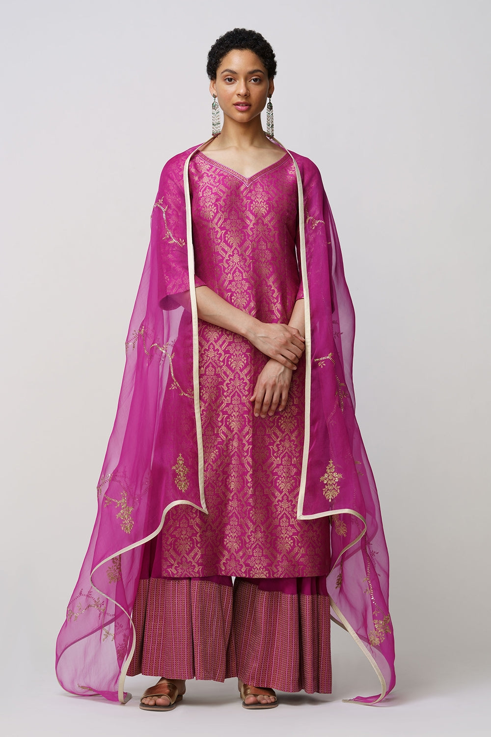 Mira' sharara set munga tussar magenta & gold